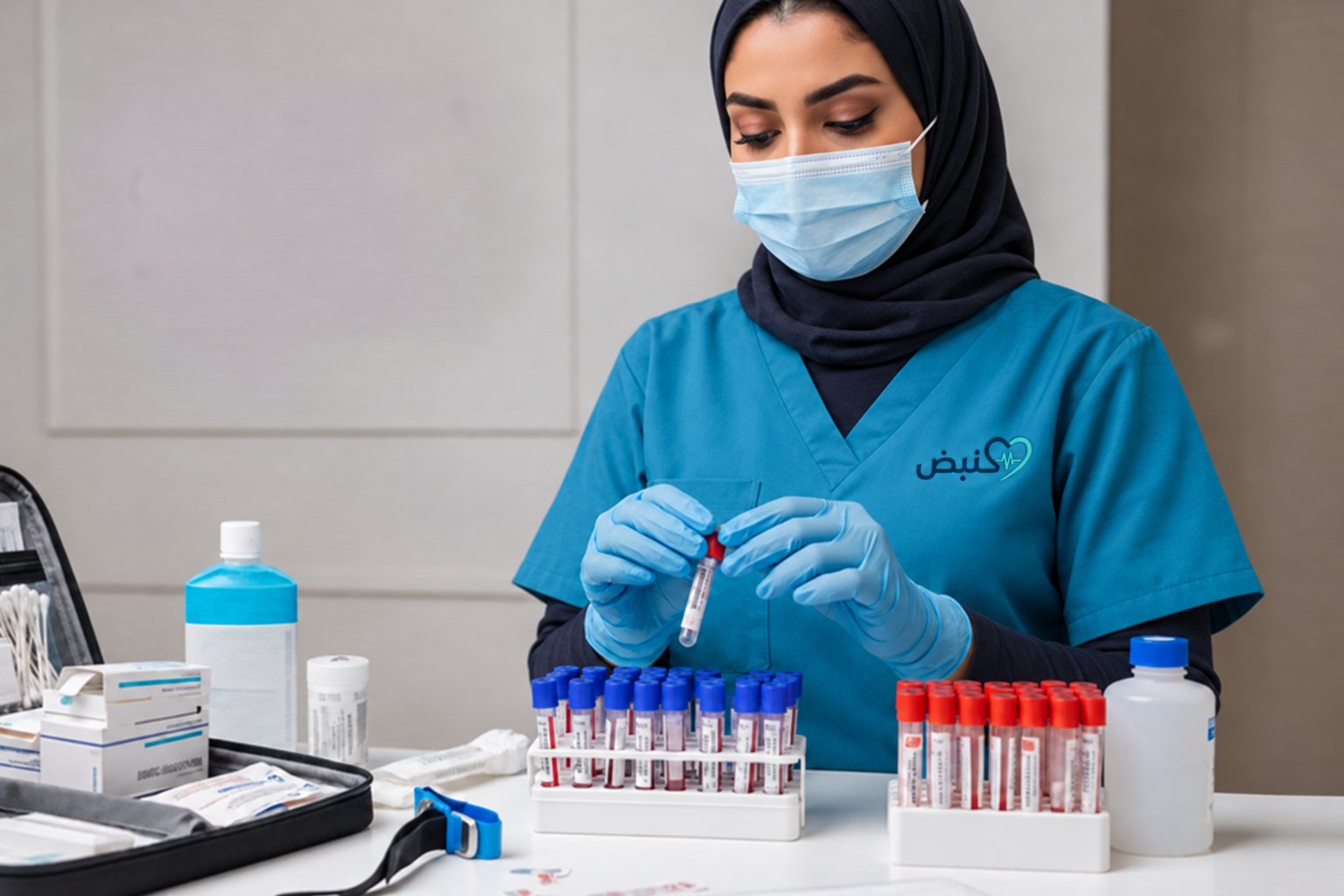 ممرضة في المختبر ترتب عينات التحاليل